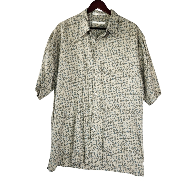 Perry Ellis Men's Silk Short Sleeve Button Down Pattern Shirt Tan Blue XXL - Picture 2 of 9